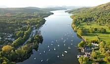 an aerial image of Windermere lake, the largest one of the lakes in the Lake District