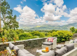Mountain views from outdoor seating at Poirot House over Keswick