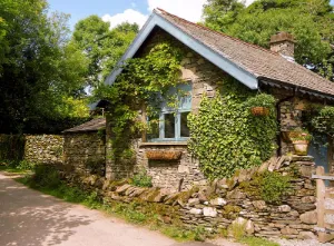 A holiday cottage near Windermere built of stone and covered in climbing ivy