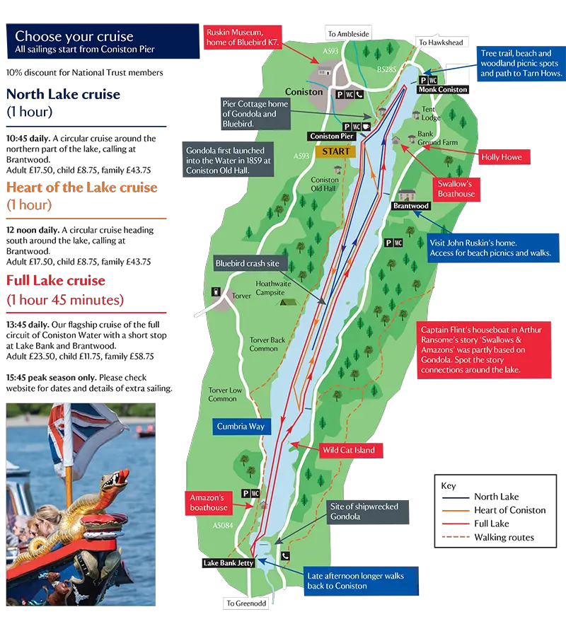 image of map and timetable of the steam yacht gondola at Coniston route