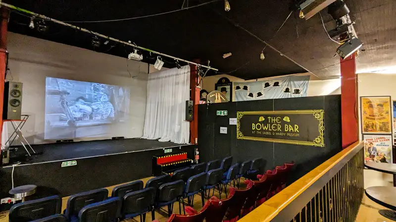 image of The Bowler Bar, Displaying Laurel and Hardy films on the big screen