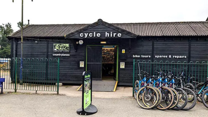 image of bikes outside country lanes bike hire depot in the lake district